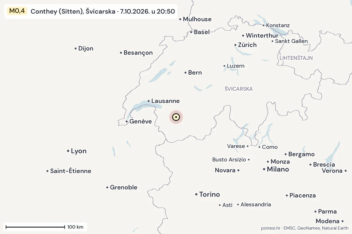 Karta: šire područje, 600 km, potres M0,4, Conthey (Sitten), Švicarska, 7.10.2026.