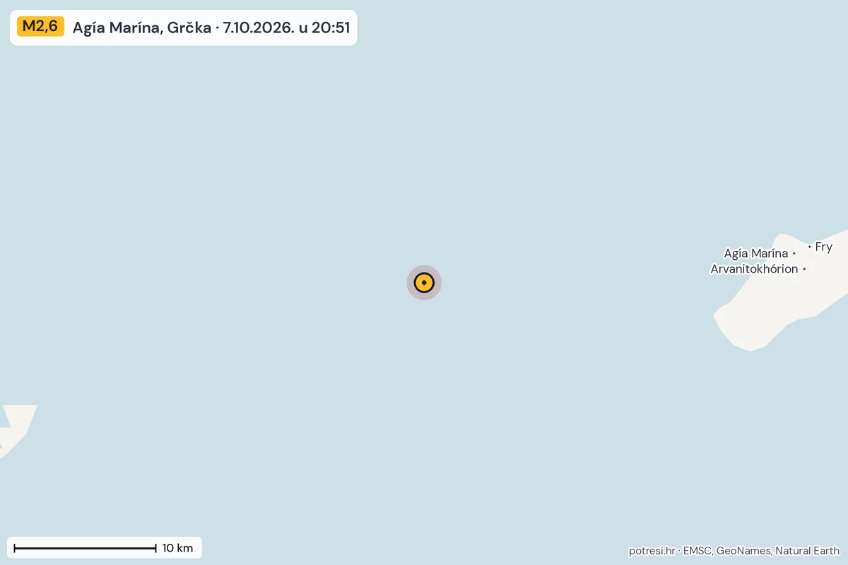 Karta: okolica epicentra, 60 km, potres M2,6, Agía Marína, Grčka, 7.10.2026.