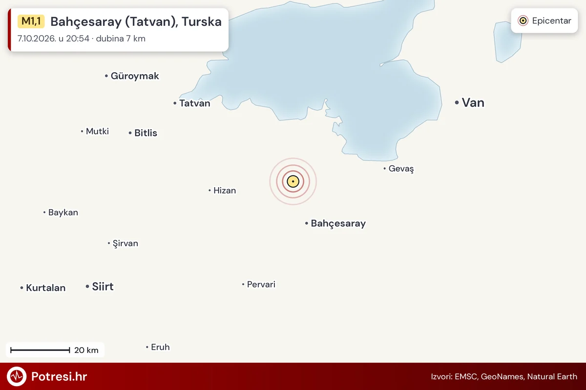 Karta: šire područje i vjerojatni doseg osjeta, potres M1,1, Bahçesaray (Tatvan), Turska, 7.10.2026.