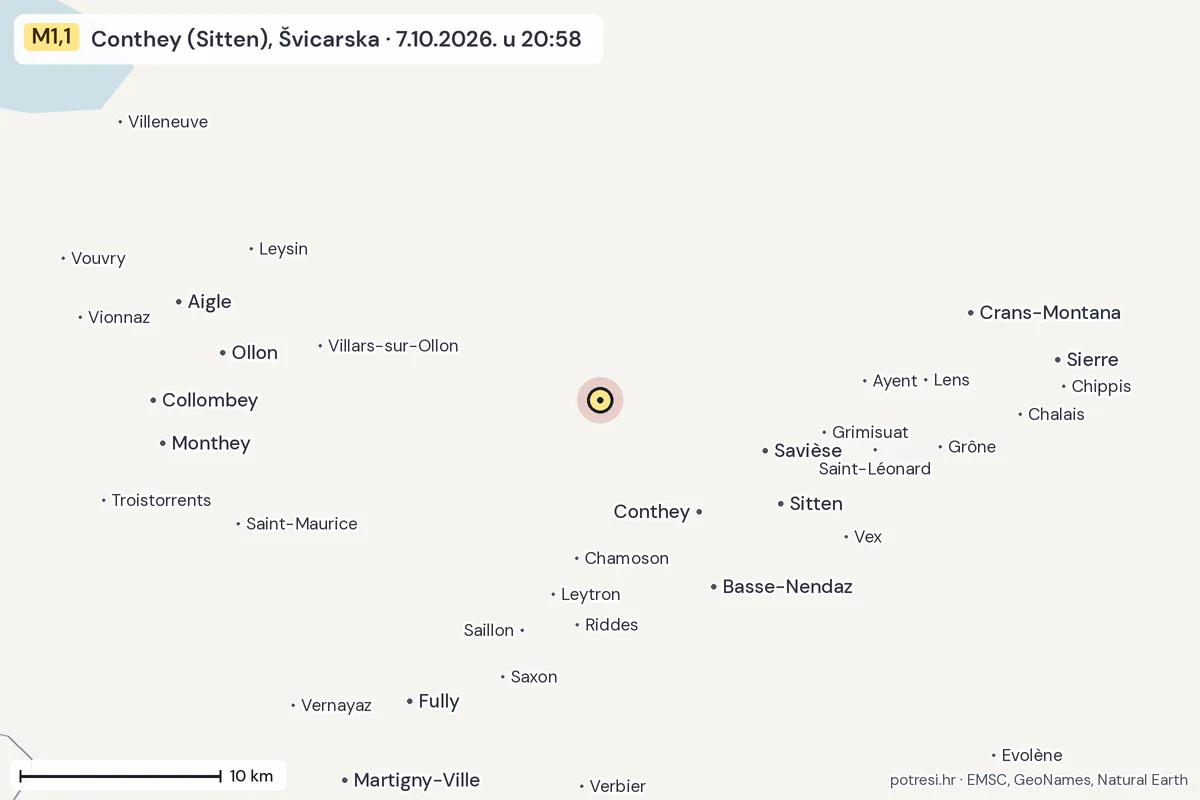 Karta: okolica epicentra, 60 km, potres M1,1, Conthey (Sitten), Švicarska, 7.10.2026.