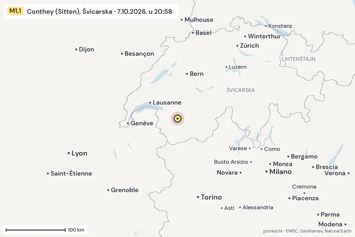 Karta: šire područje, 600 km, potres M1,1, Conthey (Sitten), Švicarska, 7.10.2026.