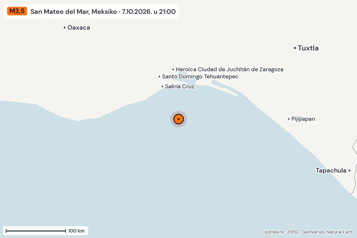 Karta: šire područje, 600 km, potres M3,5, San Mateo del Mar, Meksiko, 7.10.2026.