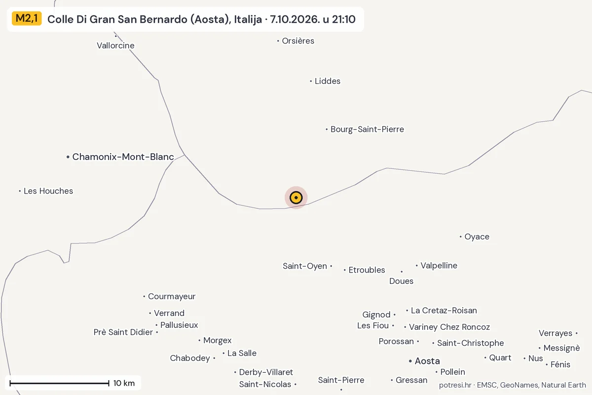 Karta: okolica epicentra, 60 km, potres M2,1, Colle Di Gran San Bernardo (Aosta), Italija, 7.10.2026.