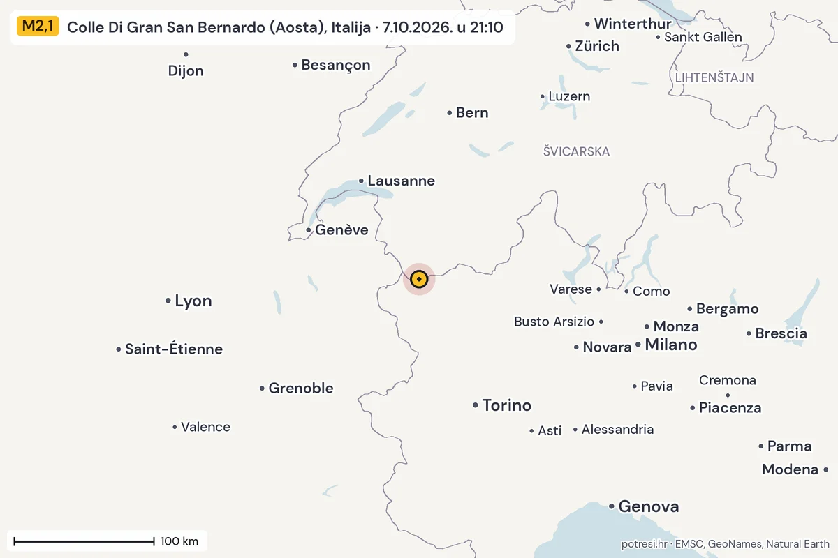 Karta: šire područje, 600 km, potres M2,1, Colle Di Gran San Bernardo (Aosta), Italija, 7.10.2026.