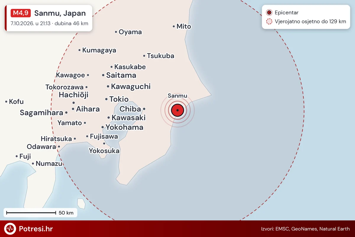 Karta: šire područje i vjerojatni doseg osjeta, potres M4,9, Sanmu, Japan, 7.10.2026.