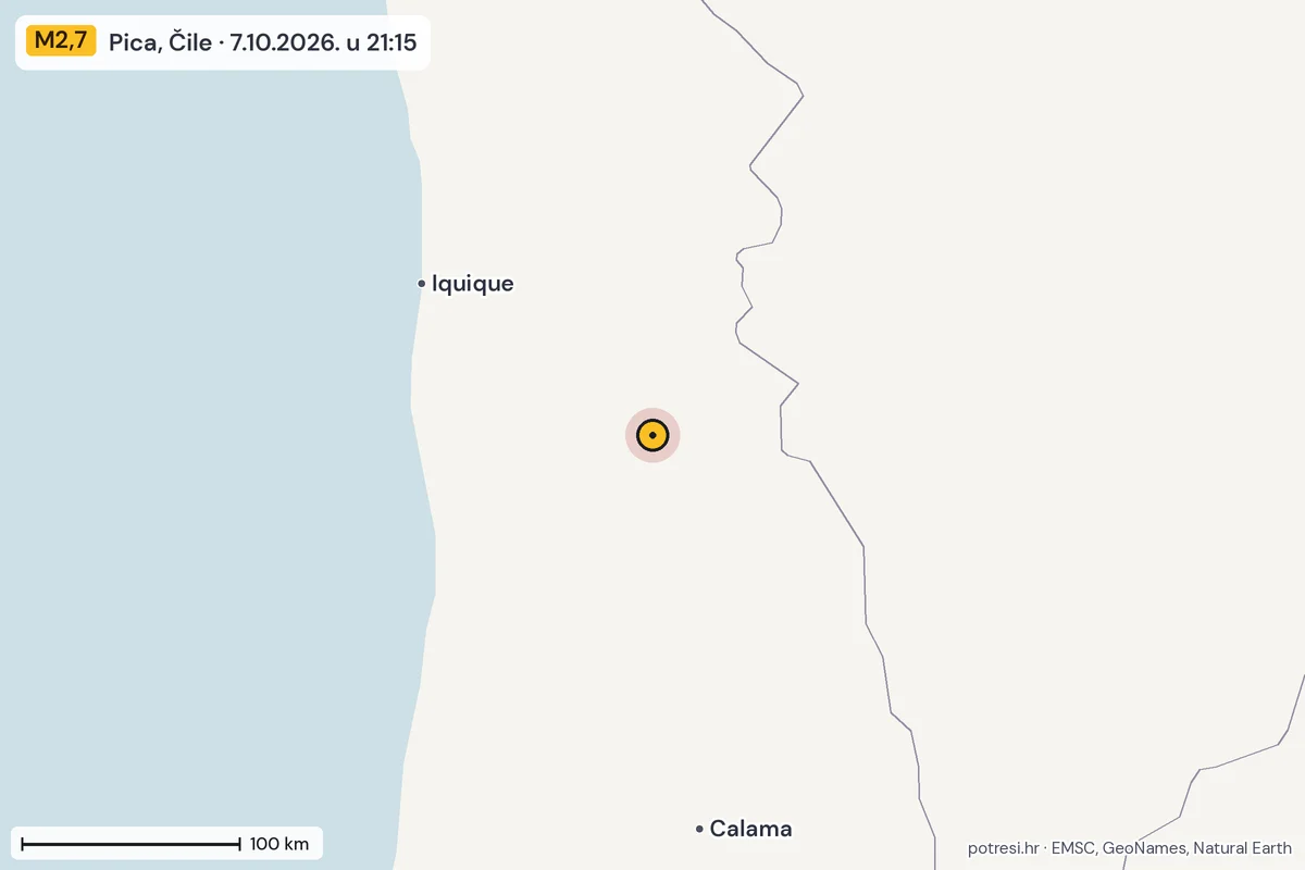 Karta: šire područje, 600 km, potres M2,7, Pica, Čile, 7.10.2026.