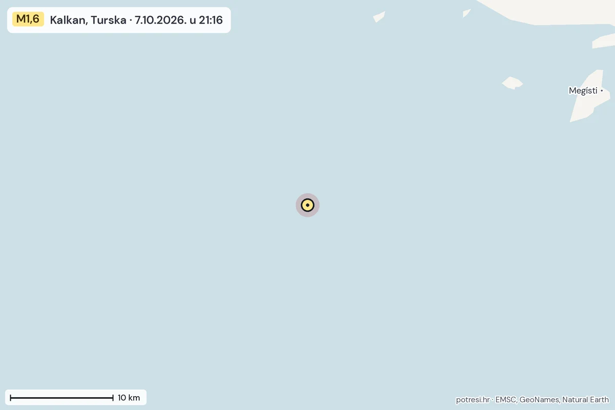 Karta: okolica epicentra, 60 km, potres M1,6, Kalkan, Turska, 7.10.2026.