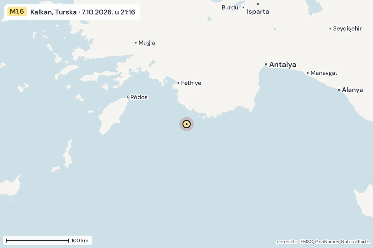 Karta: šire područje, 600 km, potres M1,6, Kalkan, Turska, 7.10.2026.