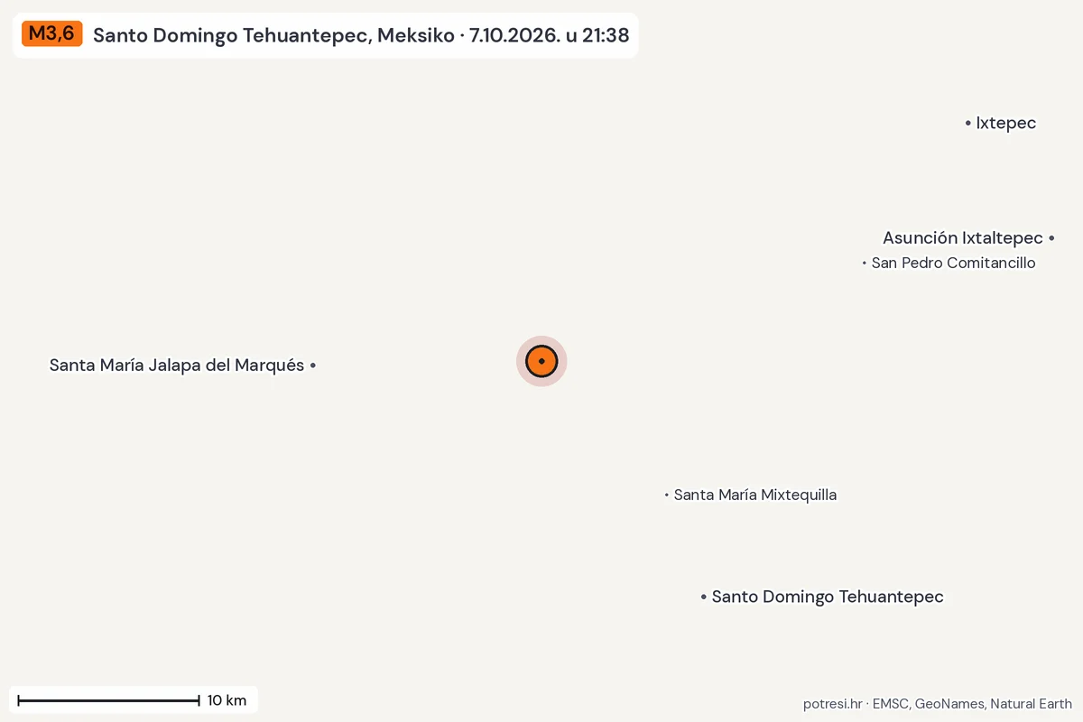 Karta: okolica epicentra, 60 km, potres M3,6, Santo Domingo Tehuantepec, Meksiko, 7.10.2026.