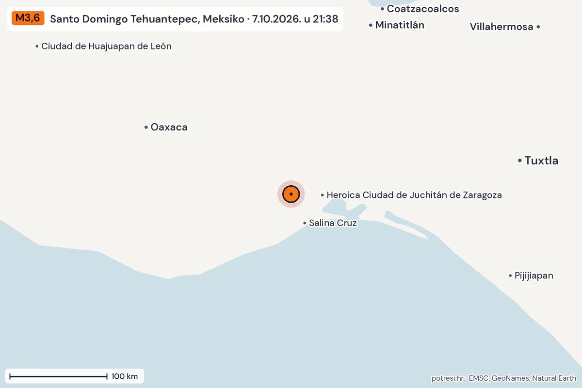 Karta: šire područje, 600 km, potres M3,6, Santo Domingo Tehuantepec, Meksiko, 7.10.2026.