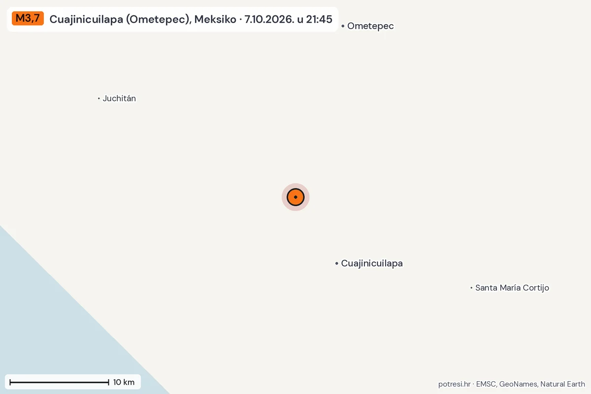 Karta: okolica epicentra, 60 km, potres M3,7, Cuajinicuilapa (Ometepec), Meksiko, 7.10.2026.