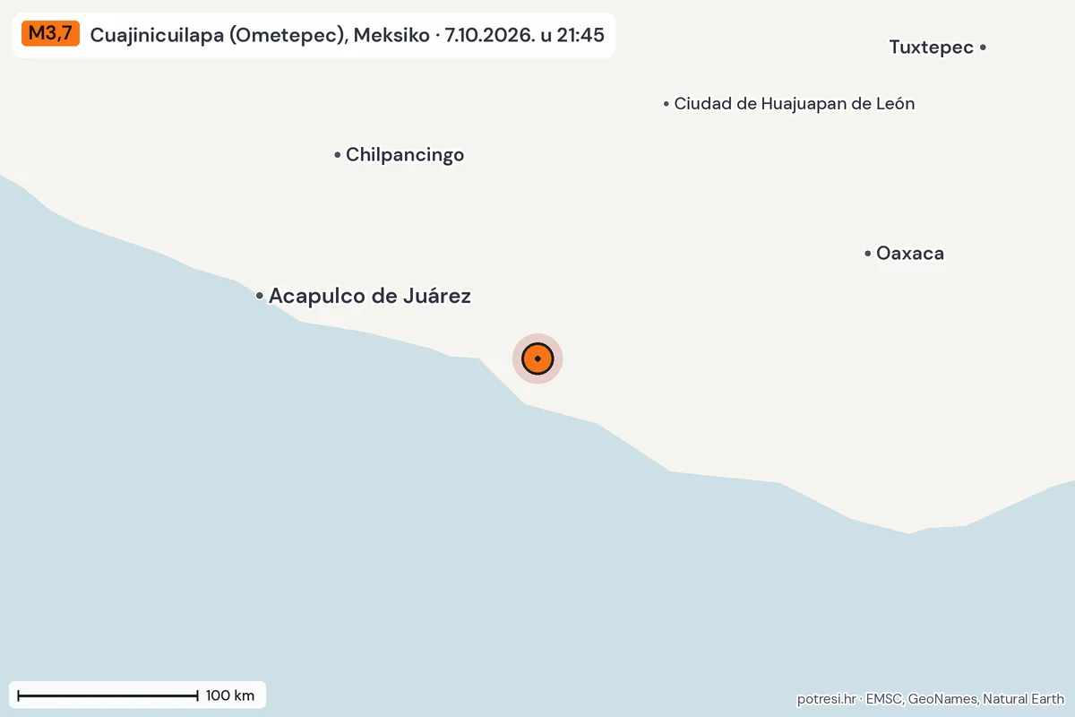 Karta: šire područje, 600 km, potres M3,7, Cuajinicuilapa (Ometepec), Meksiko, 7.10.2026.