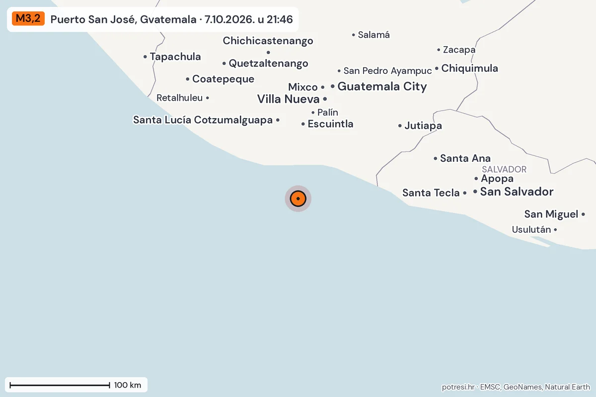 Karta: šire područje, 600 km, potres M3,2, Puerto San José, Gvatemala, 7.10.2026.