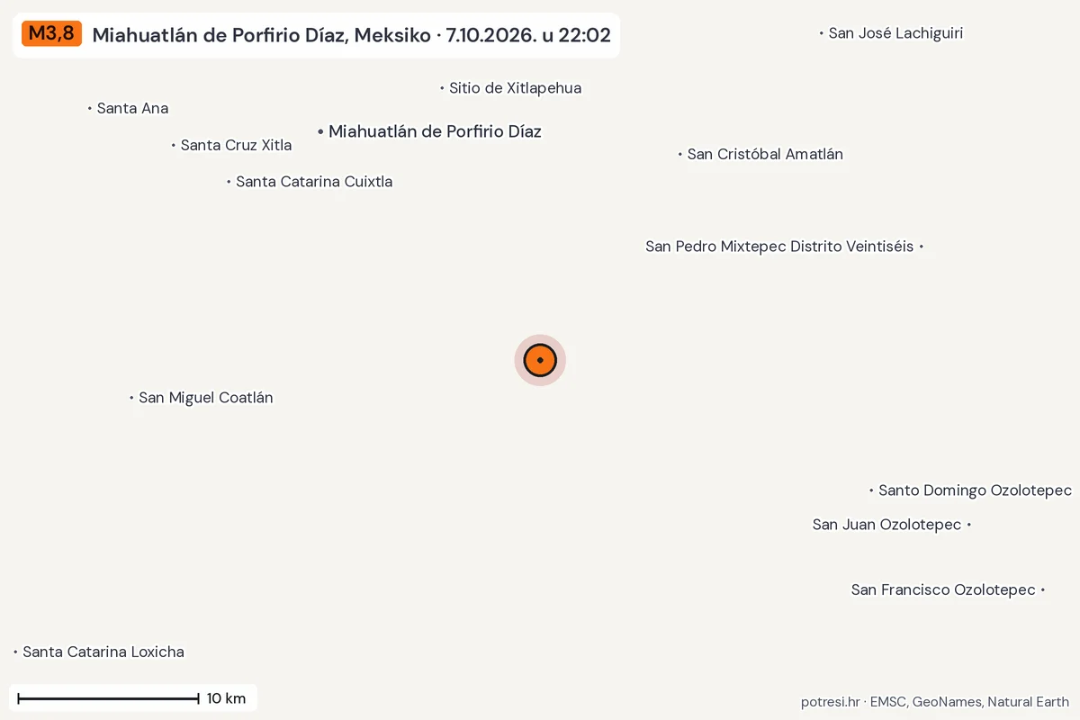 Karta: okolica epicentra, 60 km, potres M3,8, Miahuatlán de Porfirio Díaz, Meksiko, 7.10.2026.