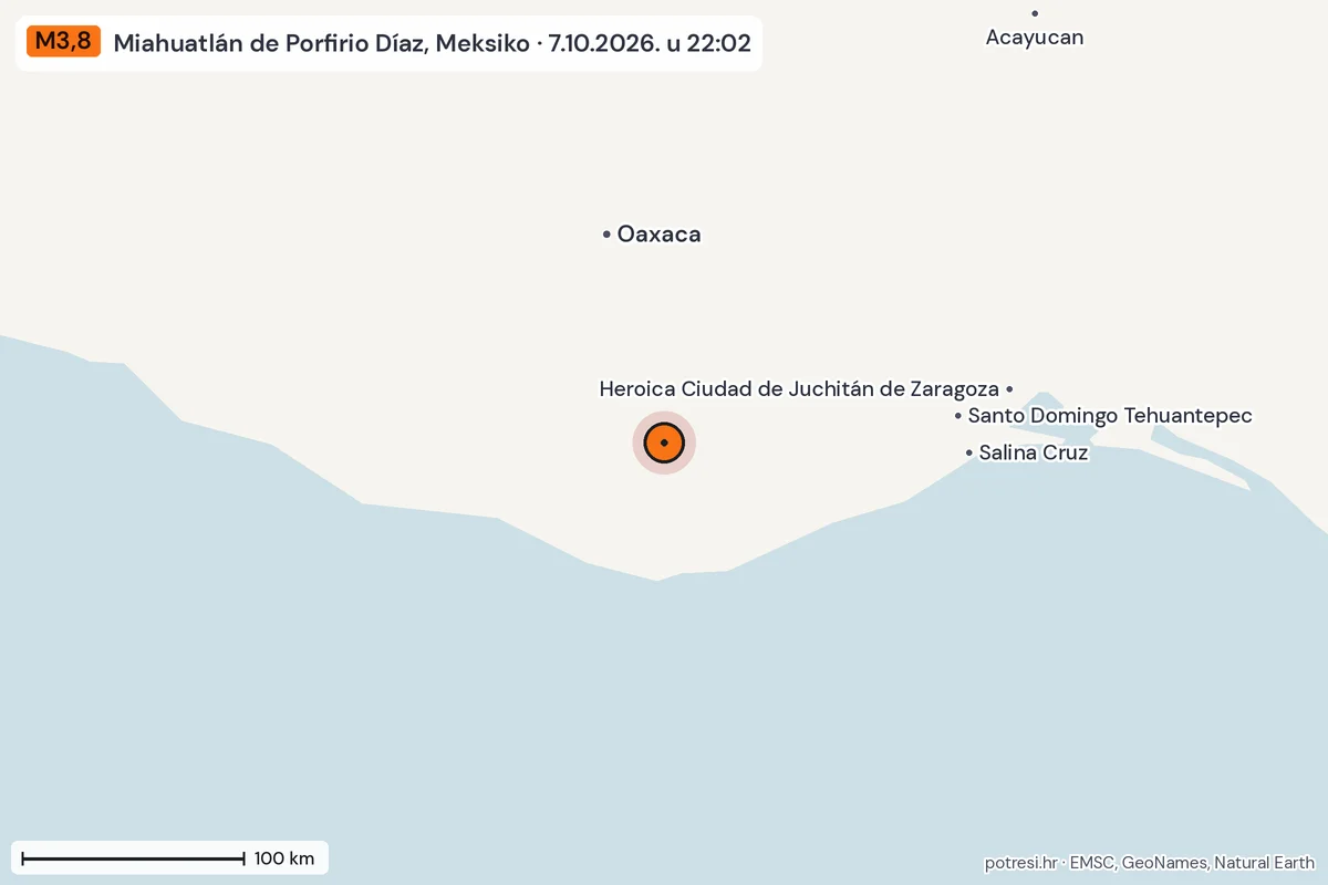 Karta: šire područje, 600 km, potres M3,8, Miahuatlán de Porfirio Díaz, Meksiko, 7.10.2026.