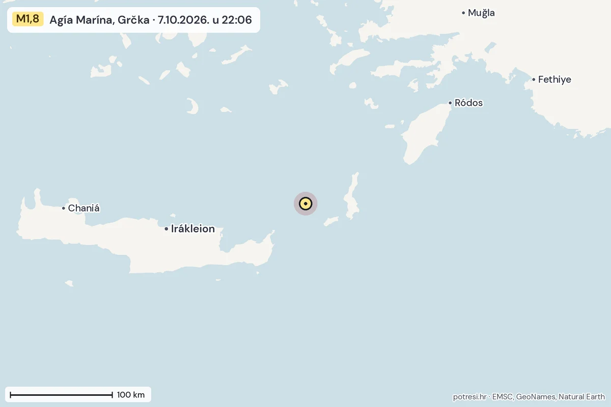 Karta: šire područje, 600 km, potres M1,8, Agía Marína, Grčka, 7.10.2026.