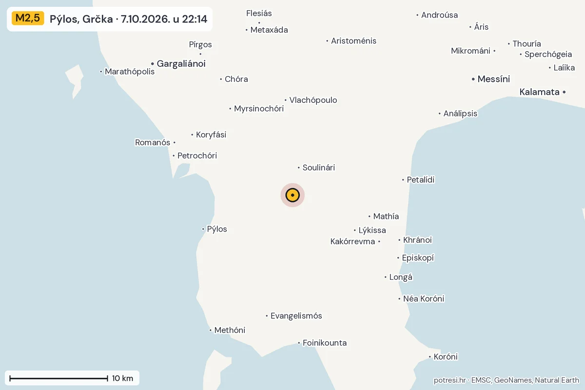 Karta: okolica epicentra, 60 km, potres M2,5, Pýlos, Grčka, 7.10.2026.
