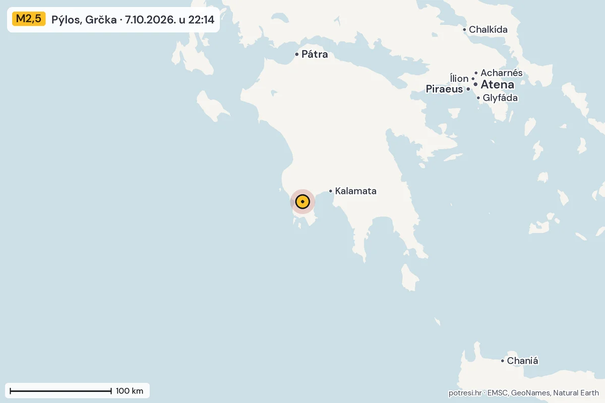 Karta: šire područje, 600 km, potres M2,5, Pýlos, Grčka, 7.10.2026.