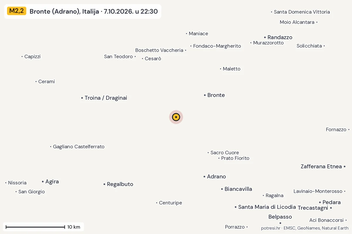 Karta: okolica epicentra, 60 km, potres M2,2, Bronte (Adrano), Italija, 7.10.2026.
