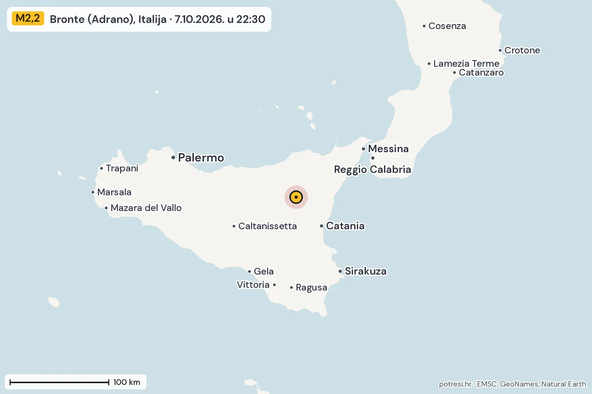 Karta: šire područje, 600 km, potres M2,2, Bronte (Adrano), Italija, 7.10.2026.