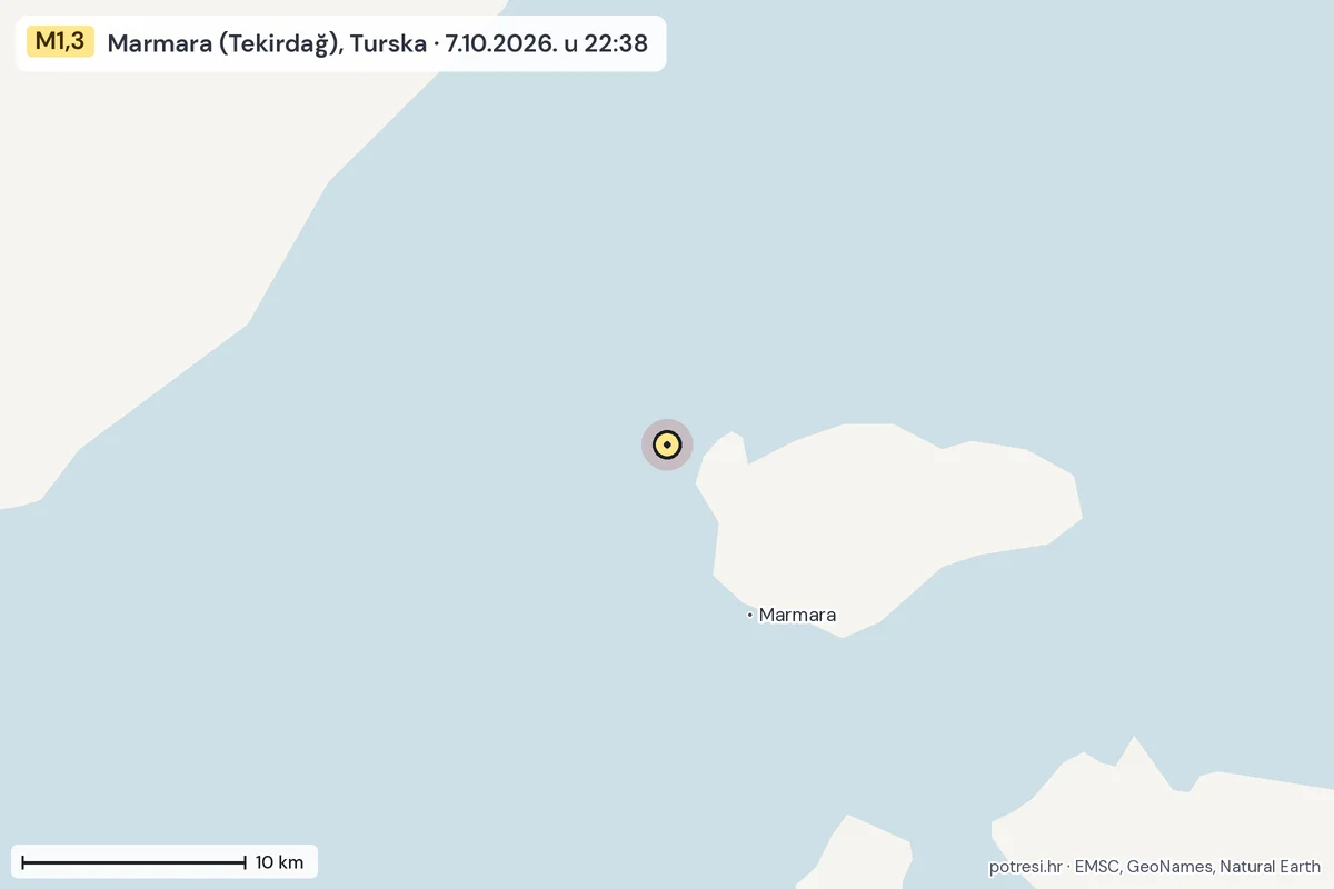 Karta: okolica epicentra, 60 km, potres M1,3, Marmara (Tekirdağ), Turska, 7.10.2026.