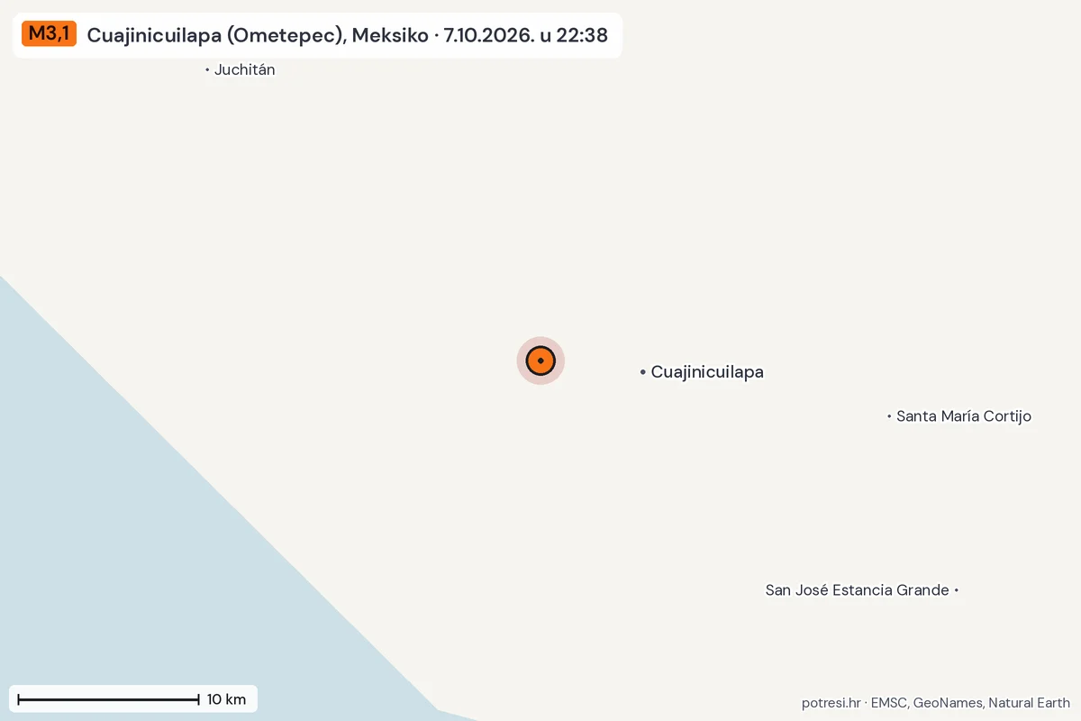 Karta: okolica epicentra, 60 km, potres M3,1, Cuajinicuilapa (Ometepec), Meksiko, 7.10.2026.