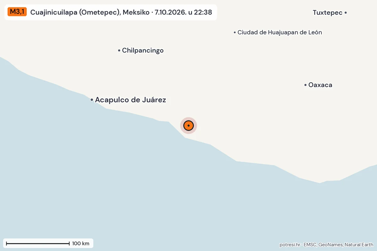 Karta: šire područje, 600 km, potres M3,1, Cuajinicuilapa (Ometepec), Meksiko, 7.10.2026.