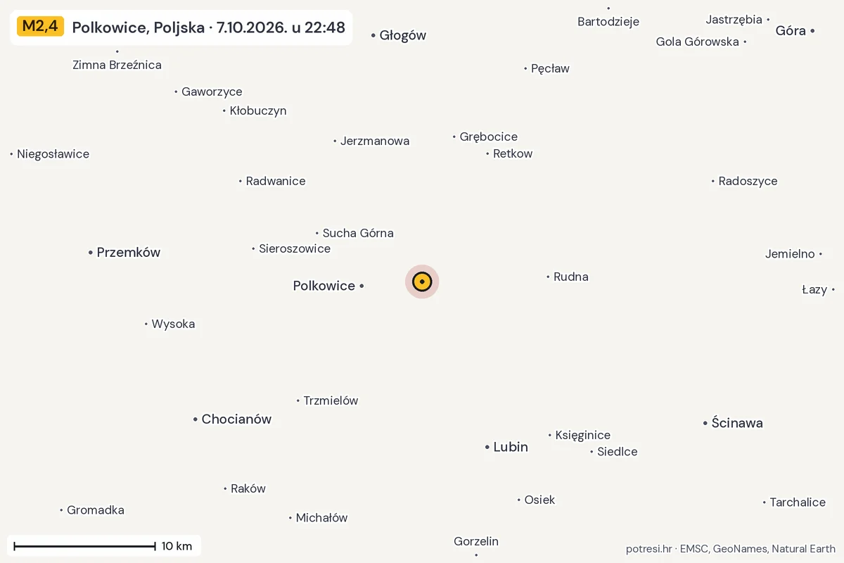 Karta: okolica epicentra, 60 km, potres M2,4, Polkowice, Poljska, 7.10.2026.