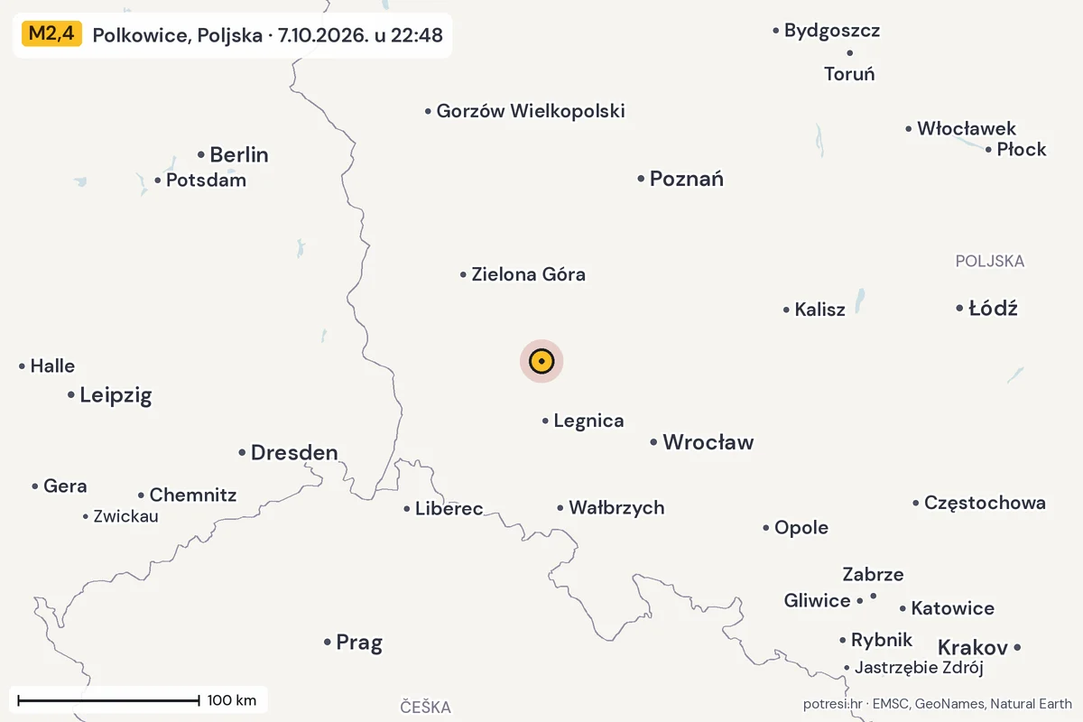 Karta: šire područje, 600 km, potres M2,4, Polkowice, Poljska, 7.10.2026.