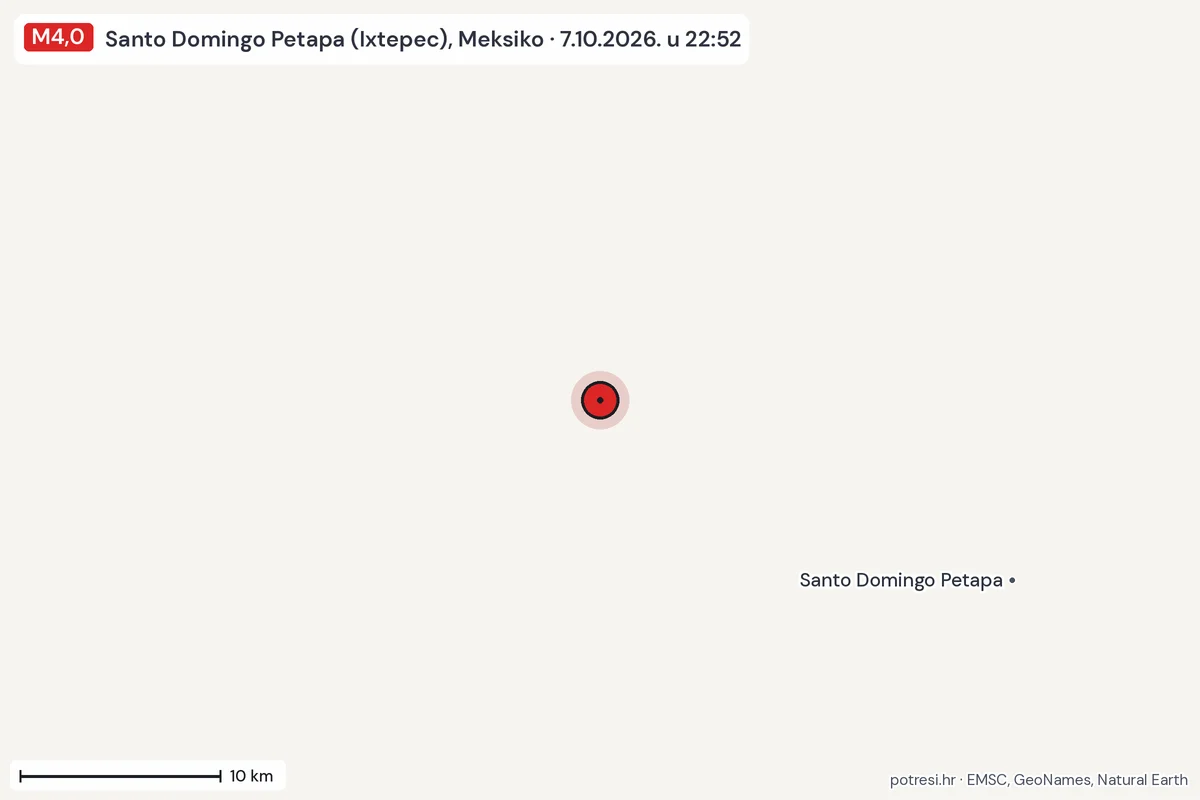 Karta: okolica epicentra, 60 km, potres M4,0, Santo Domingo Petapa (Ixtepec), Meksiko, 7.10.2026.