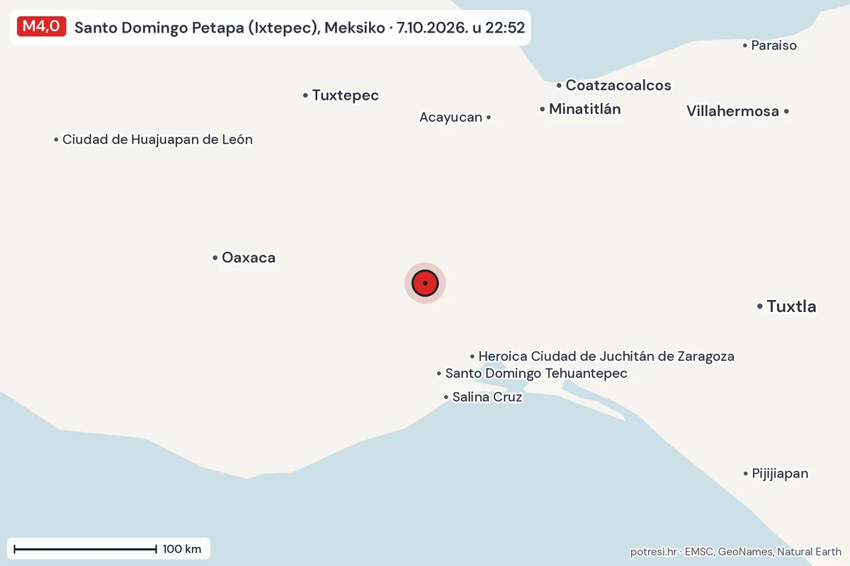 Karta: šire područje, 600 km, potres M4,0, Santo Domingo Petapa (Ixtepec), Meksiko, 7.10.2026.