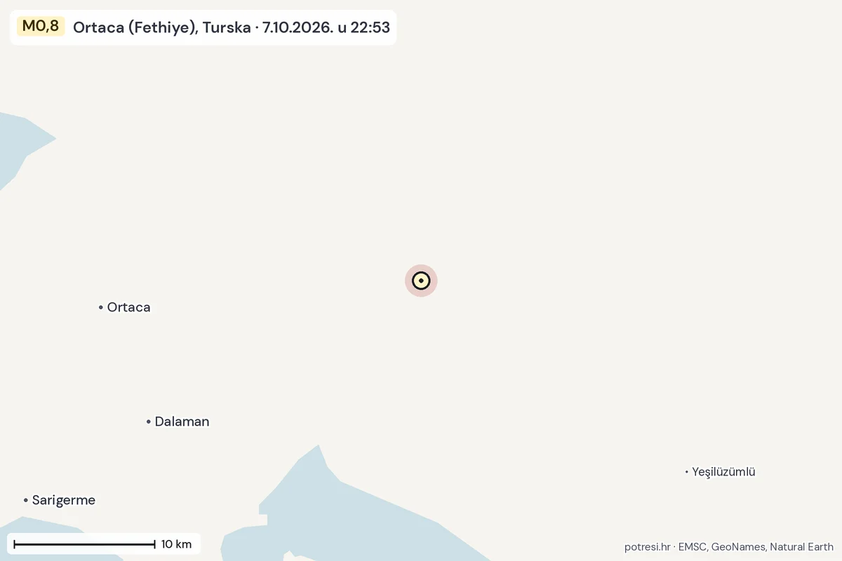 Karta: okolica epicentra, 60 km, potres M0,8, Ortaca (Fethiye), Turska, 7.10.2026.