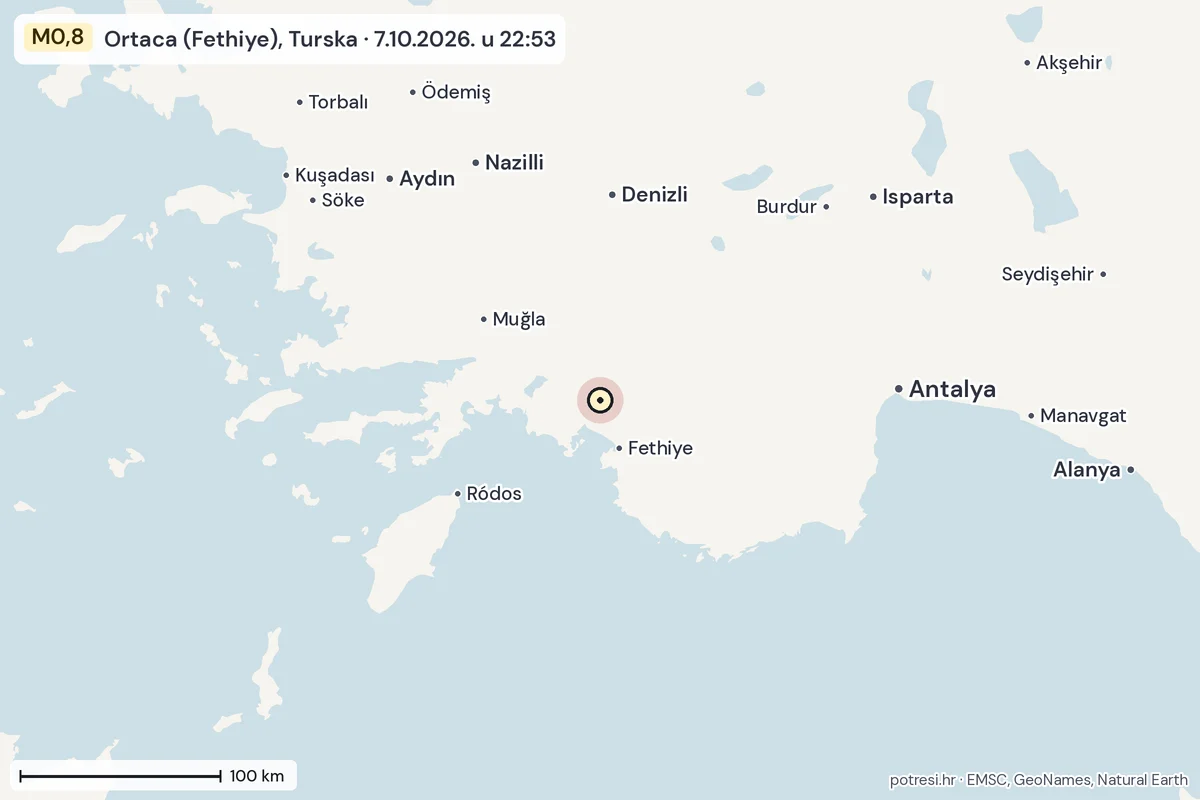 Karta: šire područje, 600 km, potres M0,8, Ortaca (Fethiye), Turska, 7.10.2026.