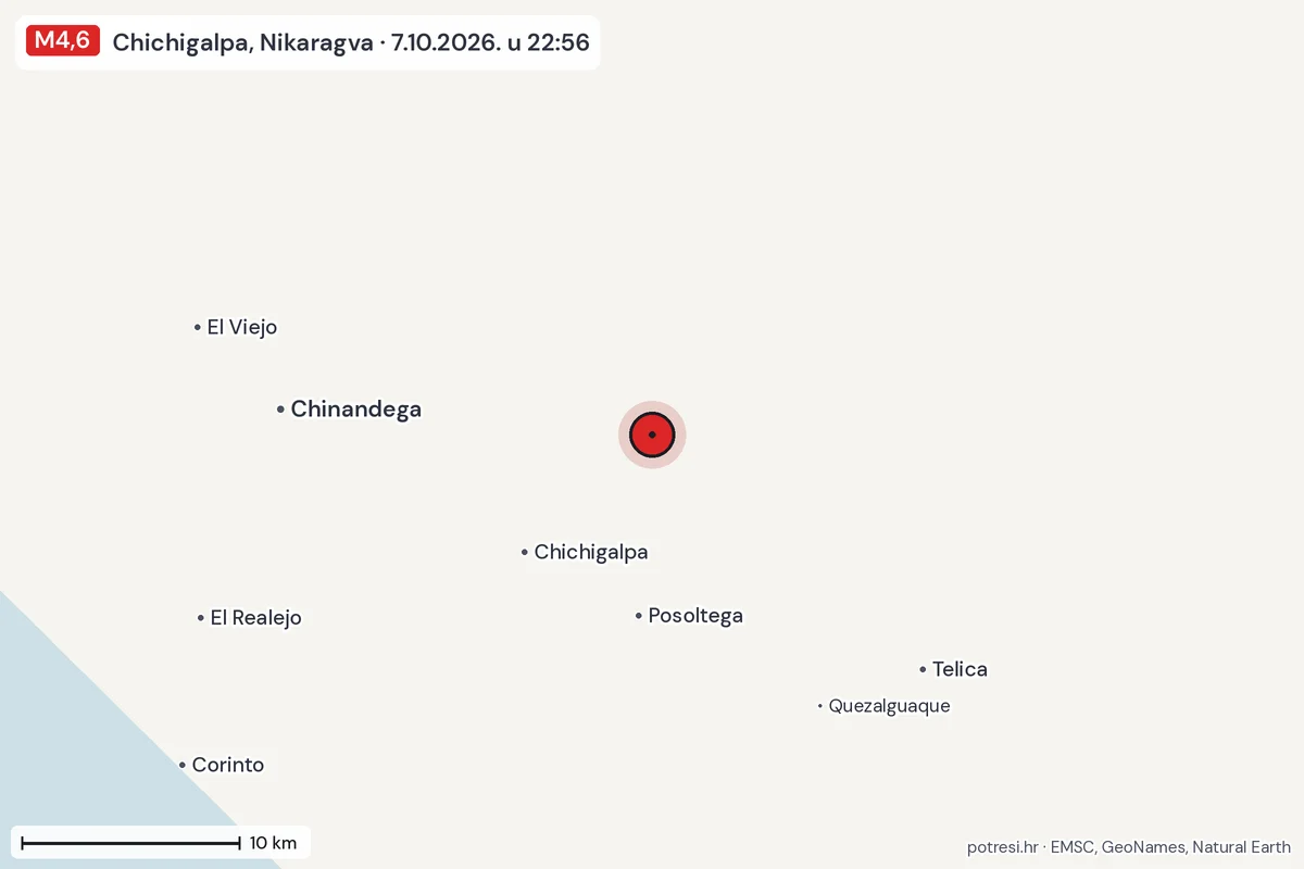 Karta: okolica epicentra, 60 km, potres M4,6, Chichigalpa, Nikaragva, 7.10.2026.