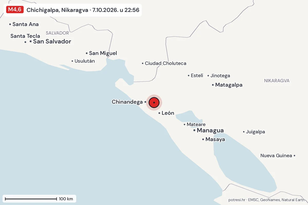 Karta: šire područje, 600 km, potres M4,6, Chichigalpa, Nikaragva, 7.10.2026.