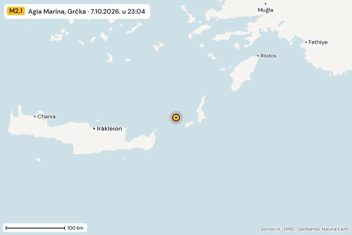Karta: šire područje, 600 km, potres M2,1, Agía Marína, Grčka, 7.10.2026.