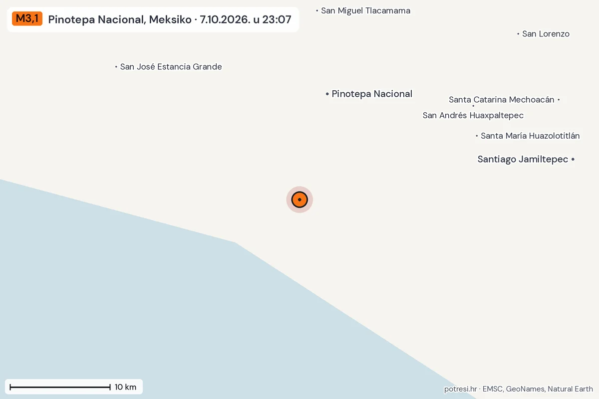 Karta: okolica epicentra, 60 km, potres M3,1, Pinotepa Nacional, Meksiko, 7.10.2026.