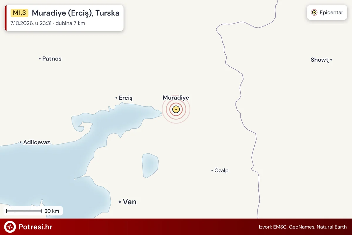 Karta: šire područje i vjerojatni doseg osjeta, potres M1,3, Muradiye (Erciş), Turska, 7.10.2026.