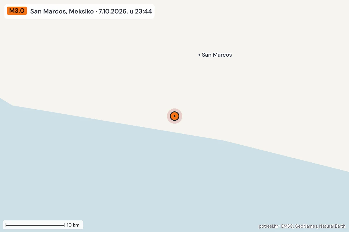 Karta: okolica epicentra, 60 km, potres M3,0, San Marcos, Meksiko, 7.10.2026.