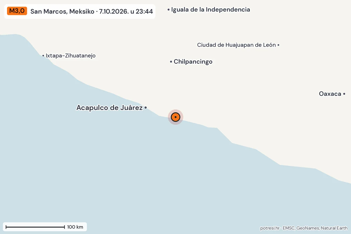 Karta: šire područje, 600 km, potres M3,0, San Marcos, Meksiko, 7.10.2026.