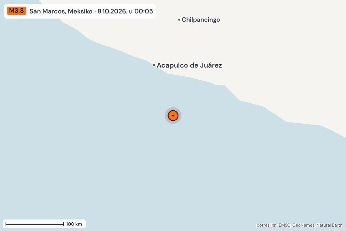 Karta: šire područje, 600 km, potres M3,8, San Marcos, Meksiko, 8.10.2026.
