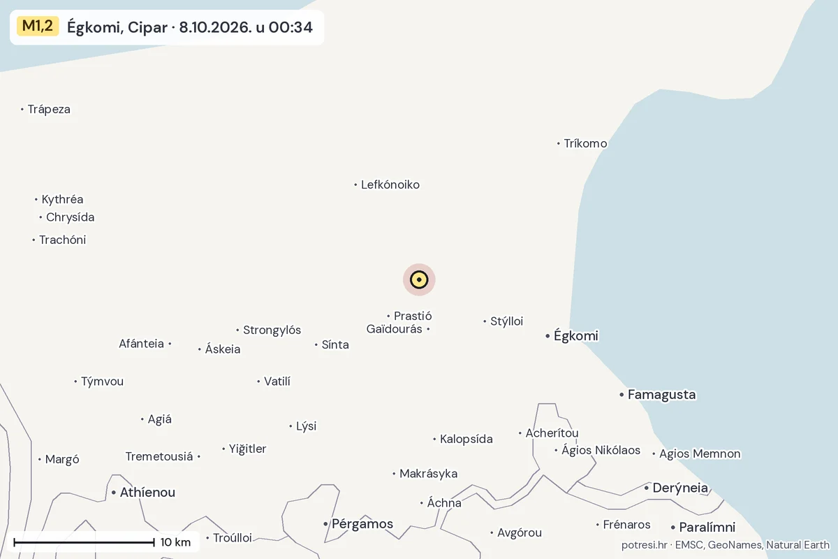 Karta: okolica epicentra, 60 km, potres M1,2, Égkomi, Cipar, 8.10.2026.