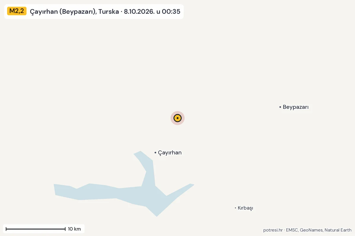 Karta: okolica epicentra, 60 km, potres M2,2, Çayırhan (Beypazarı), Turska, 8.10.2026.