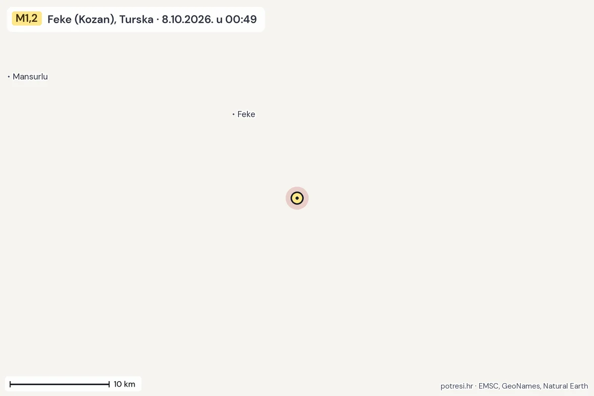 Karta: okolica epicentra, 60 km, potres M1,2, Feke (Kozan), Turska, 8.10.2026.
