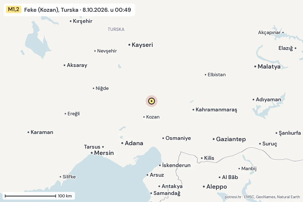 Karta: šire područje, 600 km, potres M1,2, Feke (Kozan), Turska, 8.10.2026.