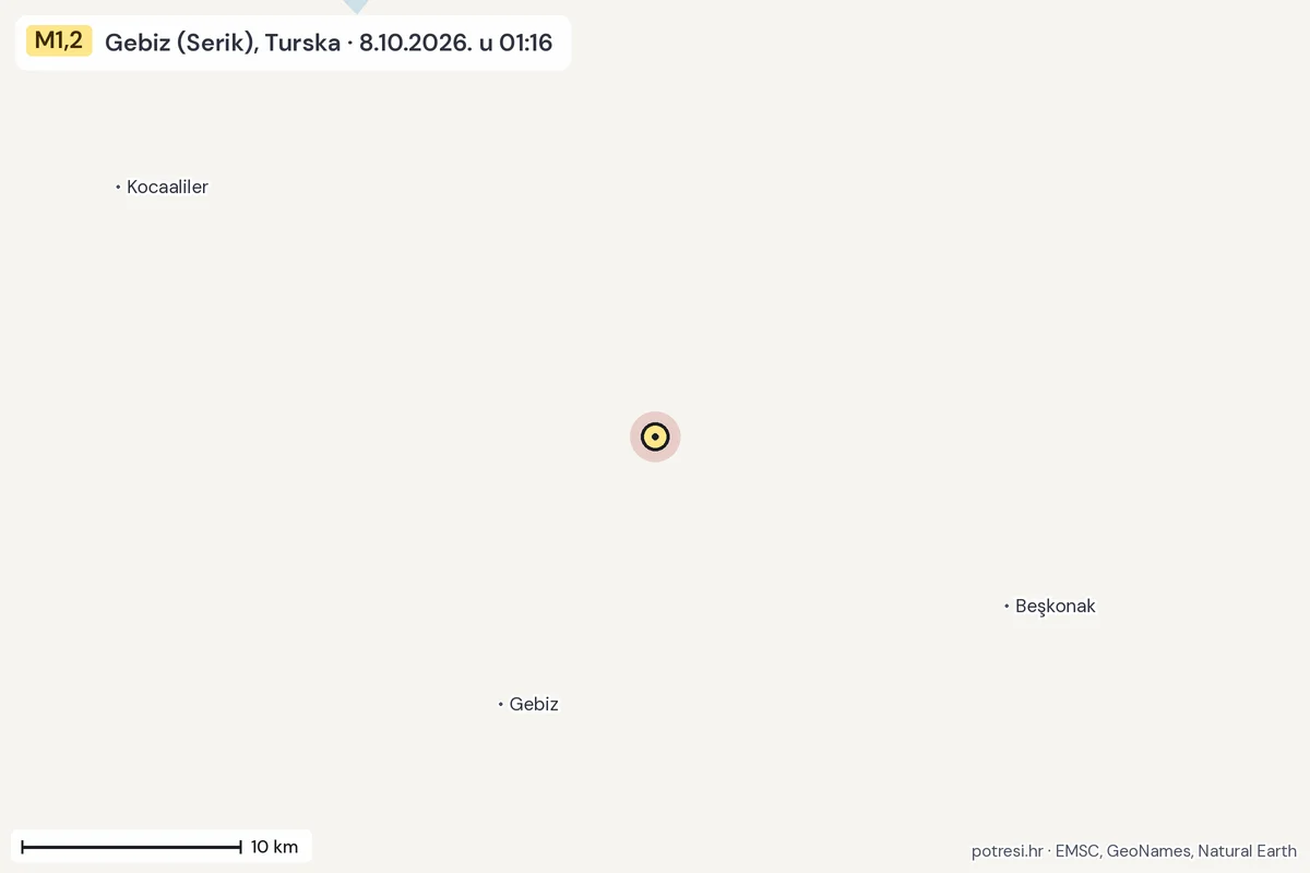 Karta: okolica epicentra, 60 km, potres M1,2, Gebiz (Serik), Turska, 8.10.2026.