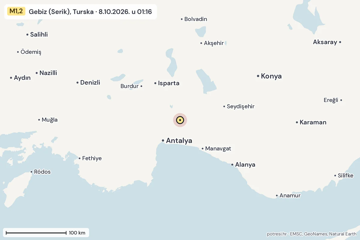 Karta: šire područje, 600 km, potres M1,2, Gebiz (Serik), Turska, 8.10.2026.