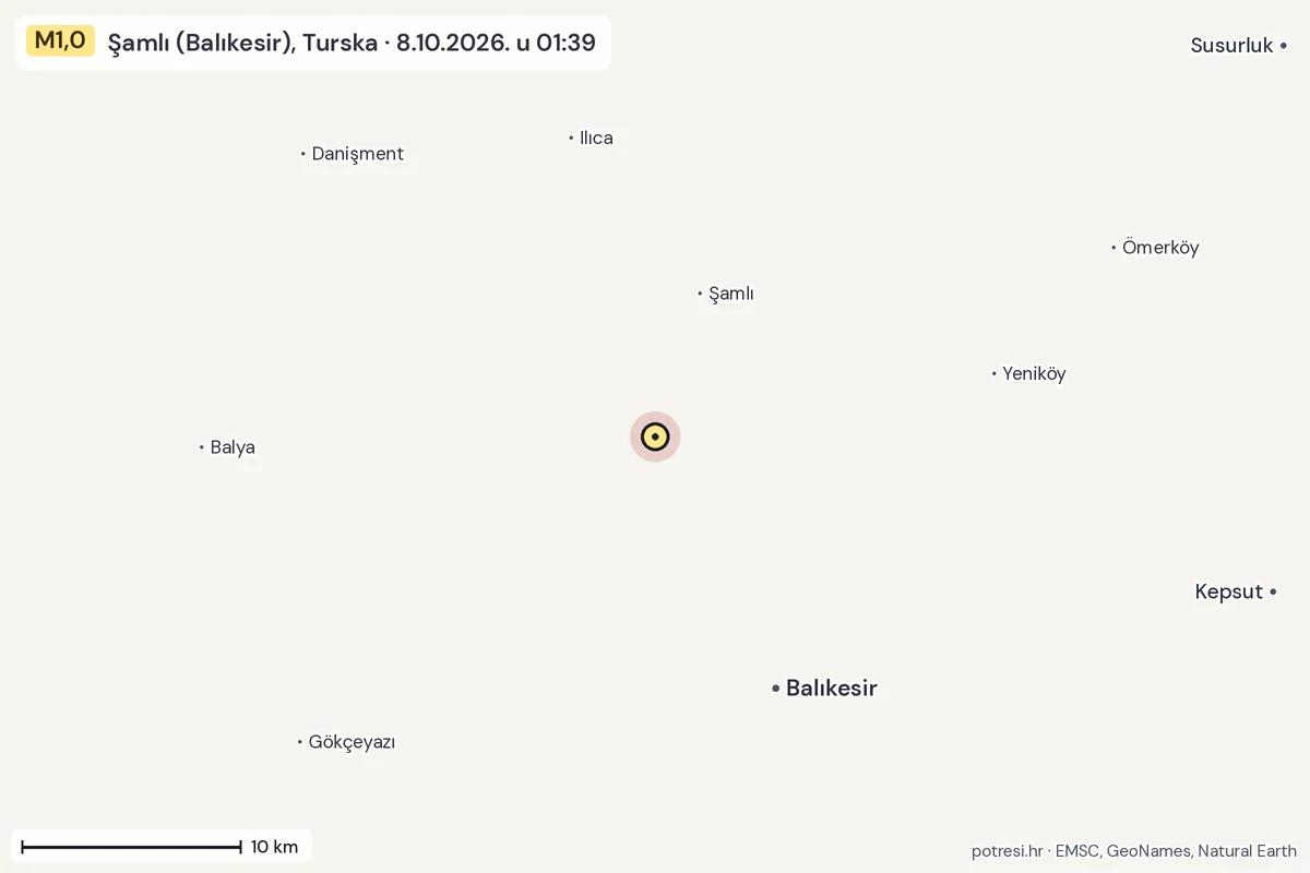 Karta: okolica epicentra, 60 km, potres M1,0, Şamlı (Balıkesir), Turska, 8.10.2026.