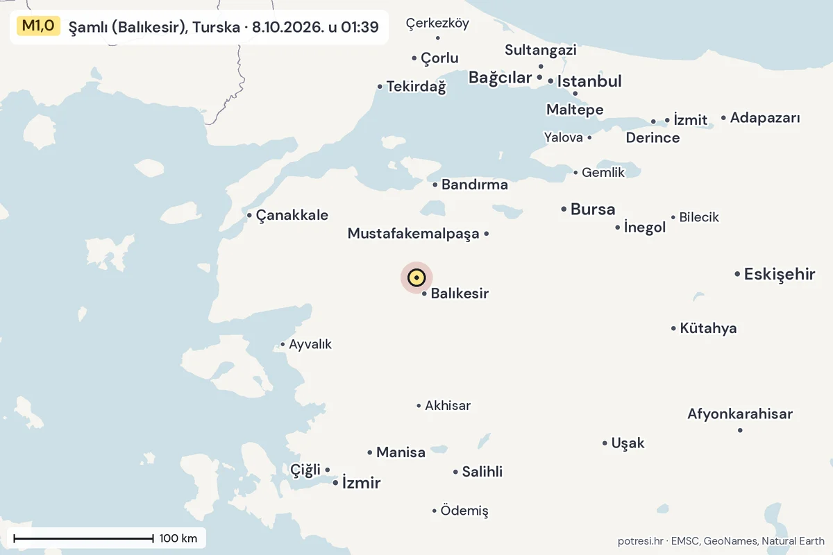 Karta: šire područje, 600 km, potres M1,0, Şamlı (Balıkesir), Turska, 8.10.2026.