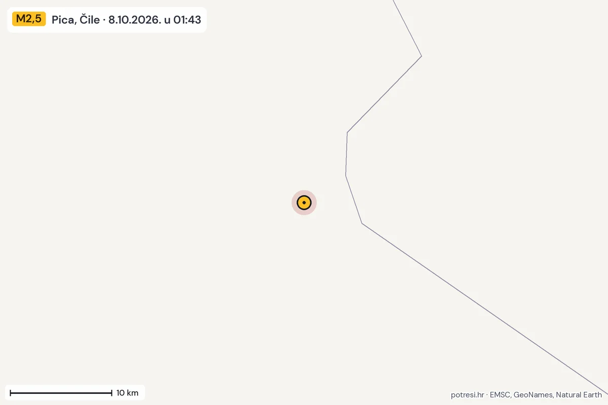Karta: okolica epicentra, 60 km, potres M2,5, Pica, Čile, 8.10.2026.